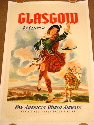 PAN AM/AMERICAN CLIPPER NACH GLASGOW - SEHR SELTENES ORIGINAL Reiseposter mit Leinenrücken