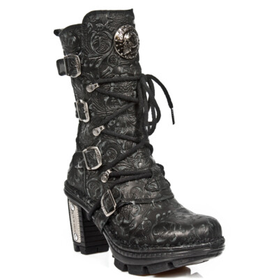 New Rock NEOTR005-S25 Ladies Leather Boots Vintage Floral Black Gothic Rock Punk
