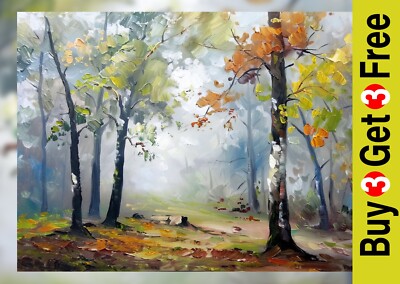 Herbstnebel Bäume 5''x7'' Druck auf mattem Papier | Gelassener Natur Spaziergang Impressionismus