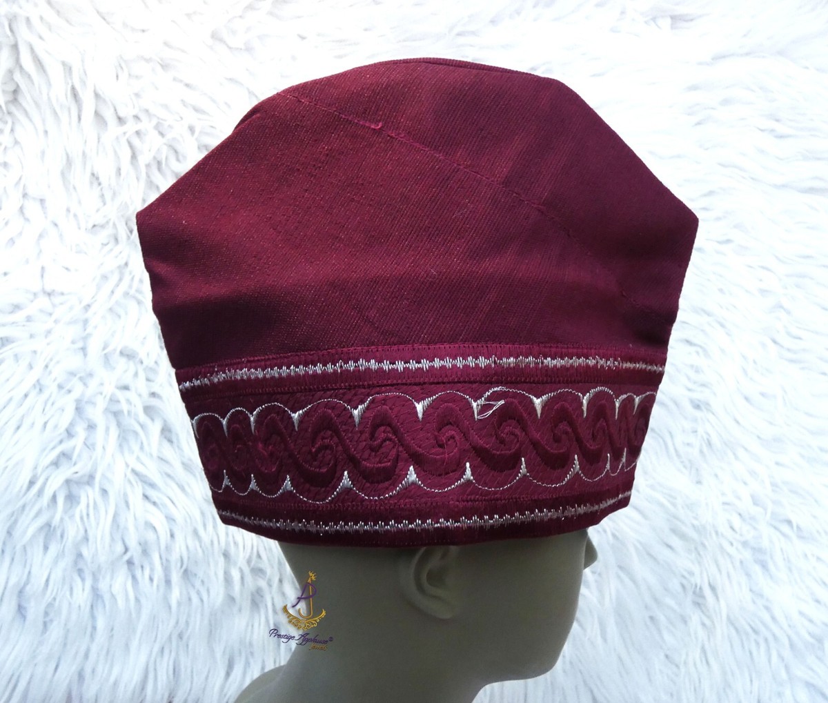 Maroon Dark Red African Yoruba Men Aso Oke Fila Cap Party White
