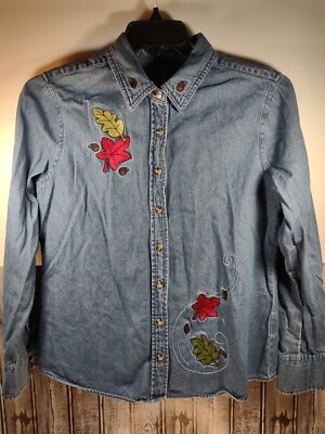 Basic Editions Holiday Large Denim Button Front Fall Swirls Leaves Shirt