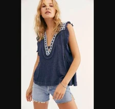 Free People NEW Womens Market Place V Neck Top Boho Denim Blue ob1120658