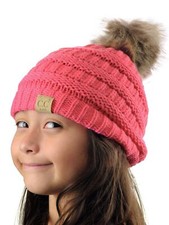 C.C Children's Kids' Soft Stretch Cable Knit Faux Fur Pom Beanie Hat