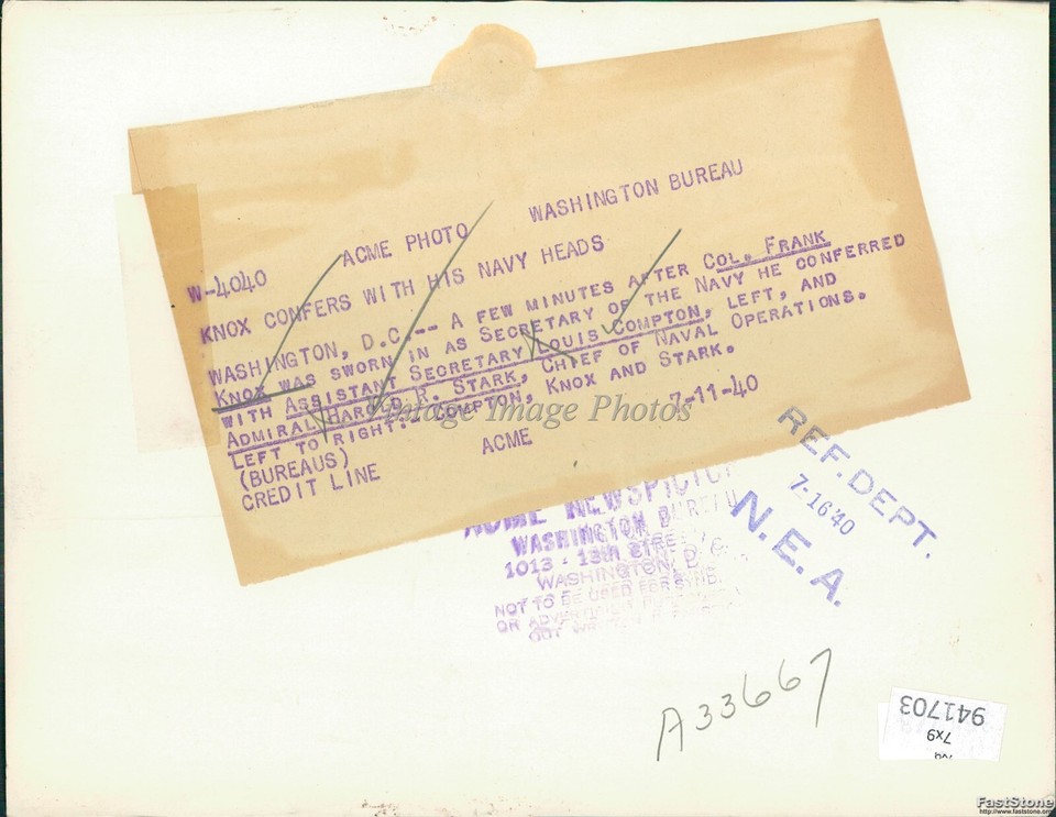 1940 Frank Knox Secy Navy Adm Harold Stark Chief Naval Ops Military