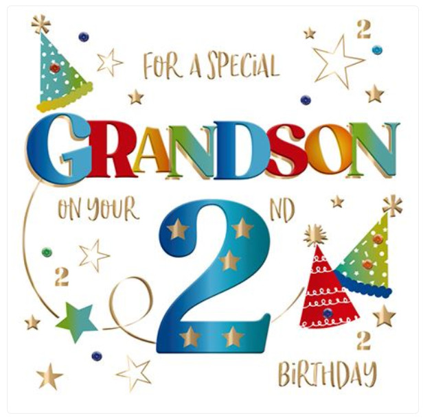 Birthday Card GRANDSON 2nd 2. Foil embossed. Quality Happy Birthday 2 Card.