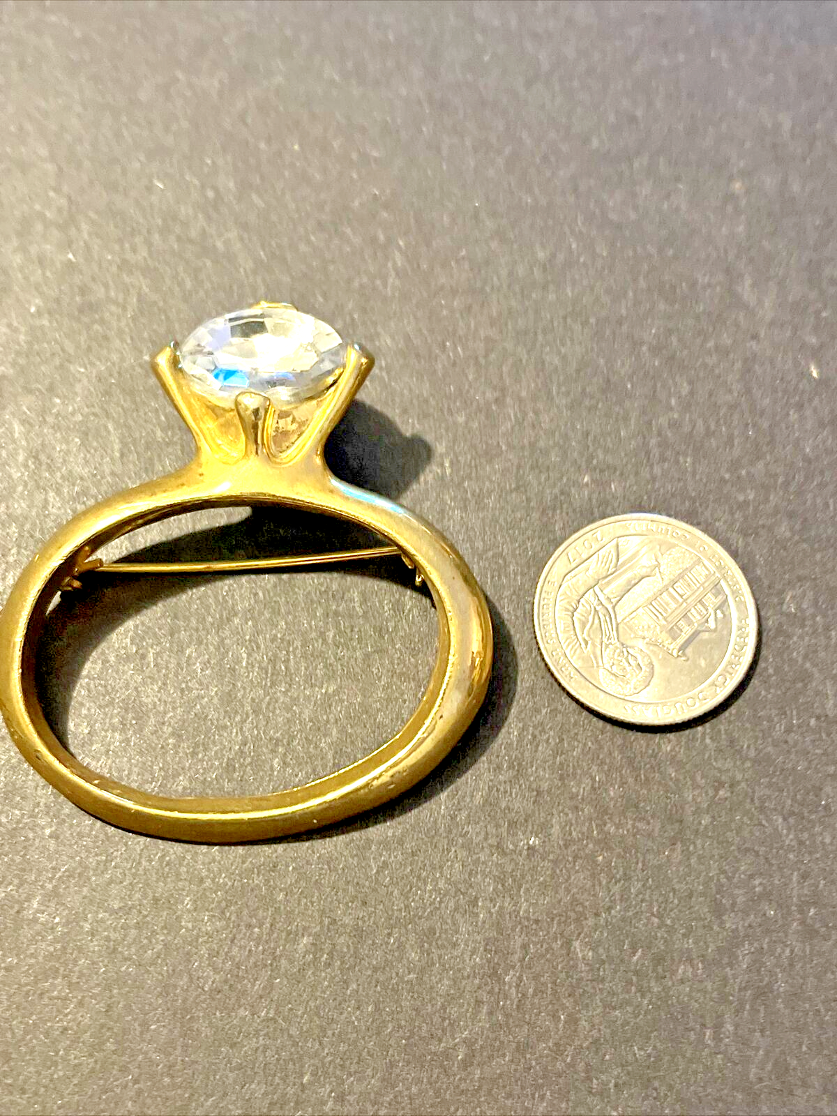 Vintage Rhinestone Engagement Ring Style Brooch Pin 2.5 Inches-image