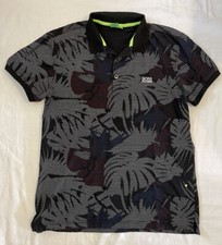 HUGO BOSS Green Label Mens Slim Fit Polo Shirt Sz L Black Floral Print Logo