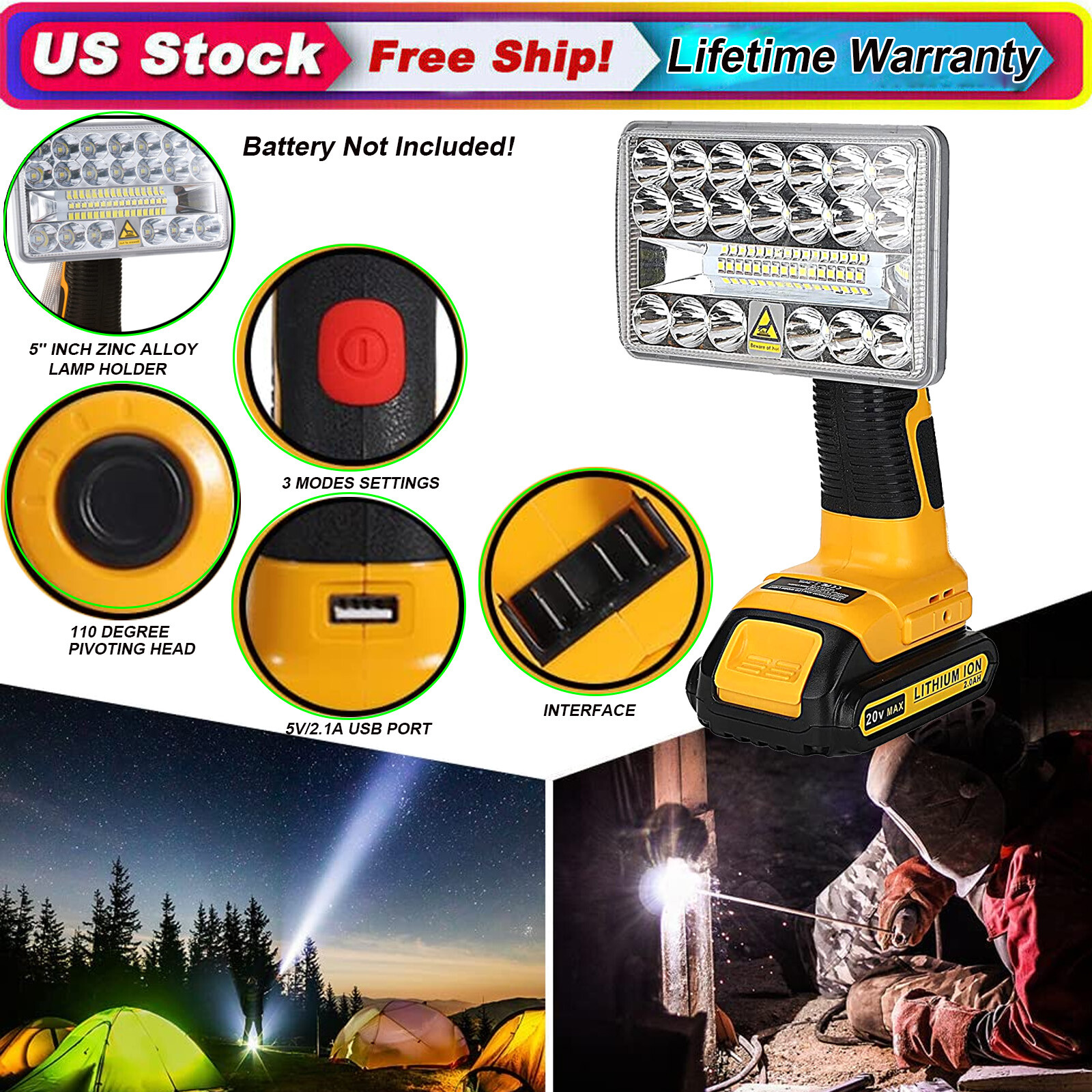 2000LM Super Bright 18W LED Dewalt 20V MAX Work Light for DCB205 Battery  