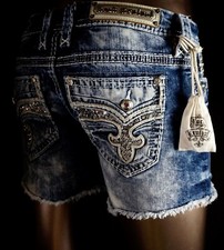 180 Buckle Rock Revival "Leni" Swarovski Acid Wash Leather Inserts Shorts 30