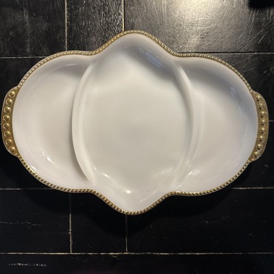 Vintage Fire King  Oven Ware Milk Glass Gilded Edge Three Section Serving Plate