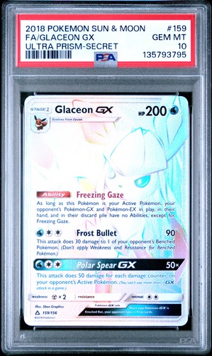 2018 POKEMON SUN & MOON ULTRA PRISM SECRET #159 FULL ART/GLACEON GX PSA 10