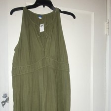 Old Navy Sundress Long Sleeveless V-Neck Olive Green Tie Accent Cotton L Tall