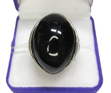 Vintage Silver 925 Agate Ring Large Black Stone Statement Oval Cabochon Size 9