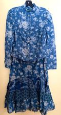 RALPH LAUREN SUIT COTTON LINEN IN BLUE ROSE PRINT FITTED BLAZER RUFFLED SKIRT S