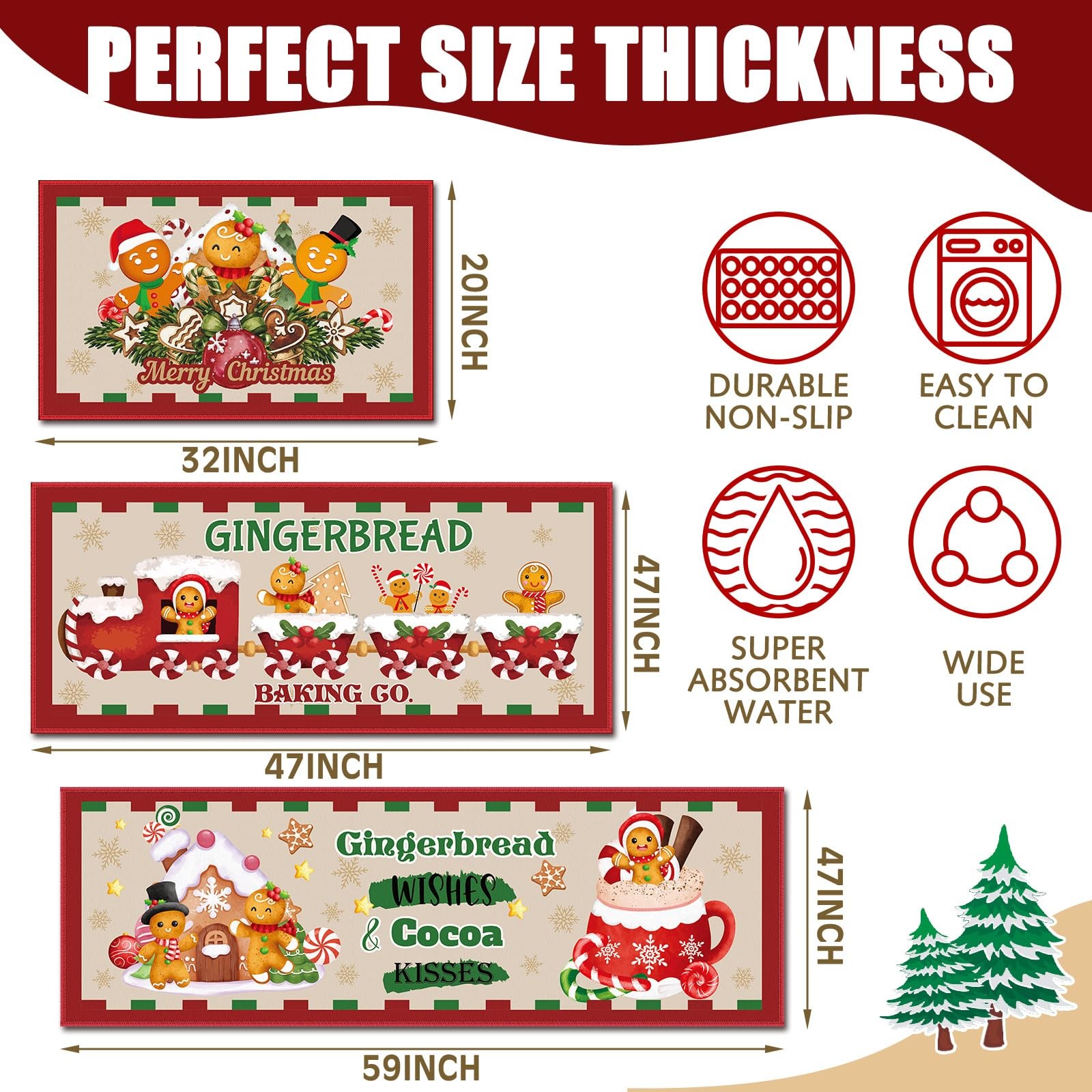 3 Pcs Christmas Kitchen Rug Christmas Absorbent Anti Fatigue Winter Mat Non S...