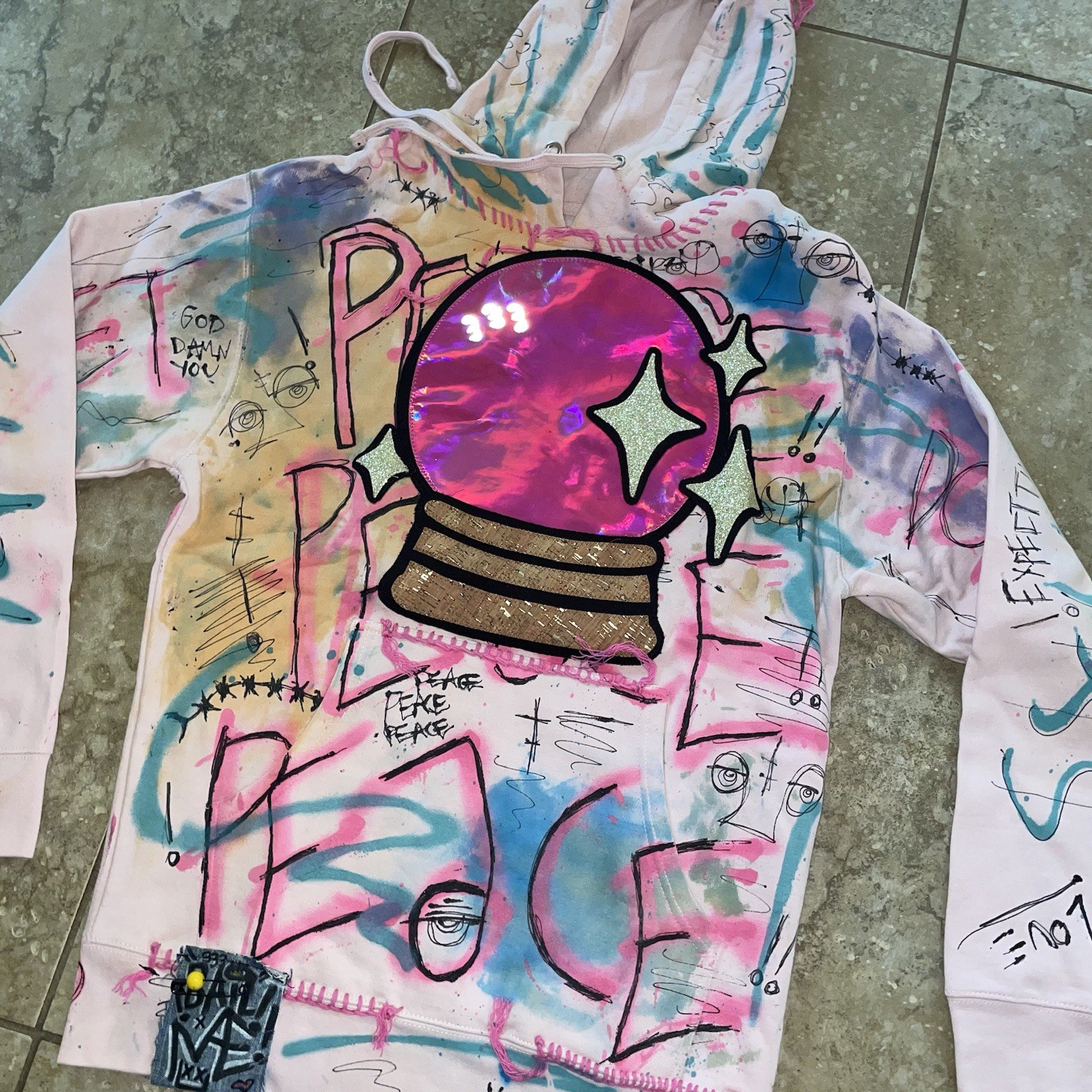 Custom Hand Painted Graffiti Hoodie Mens Medium Pink Crystal Ball Streetwear - second product detail image