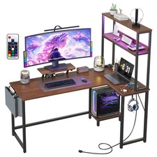 L-förmiger Gaming-Schreibtisch mit RGB-LED, Steckdosen, Stauraum, Monitorständer