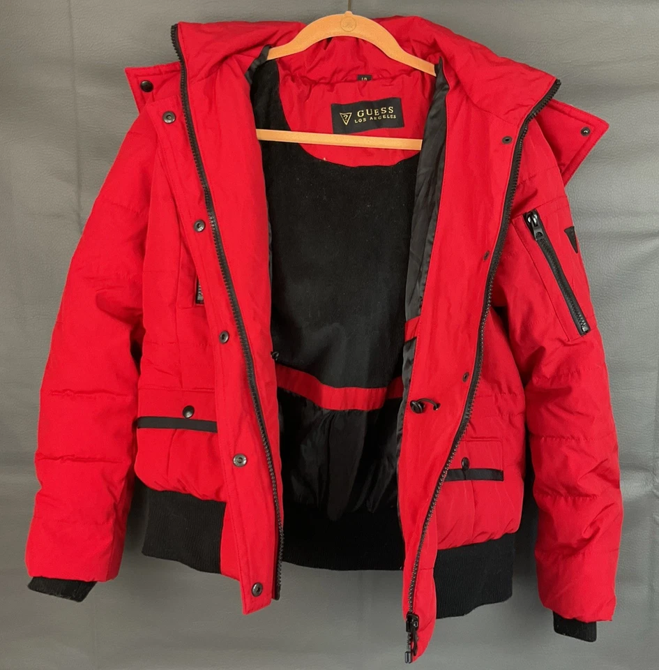 Guess Men's Red Faux-Fur Trim Hooded Long Snorkel Parka Coat Jacket Size L - Image 3 of 4