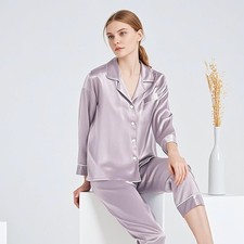 French Style Women's 100 Silk Button Long Sleeve Top Pants 2pcs Sets Pajamas Sz
