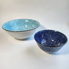 Kotobuki Ceramic Rice Soup Bowls Light Blue White Swirl Set of 2