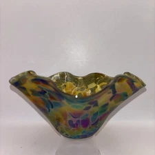 Art Glass Ruffled Bowl with Iridescent Stained Glass Look Handblown 