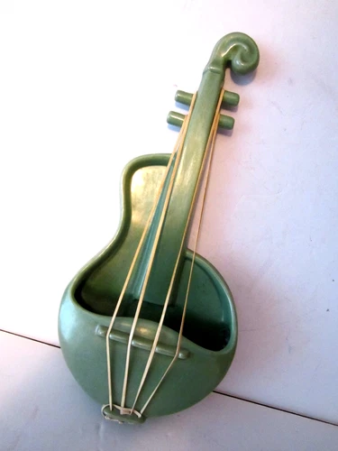 Red Wing USA Pottery  Vintage Violin Wall Pocket Shiny Green M-1484 MCM