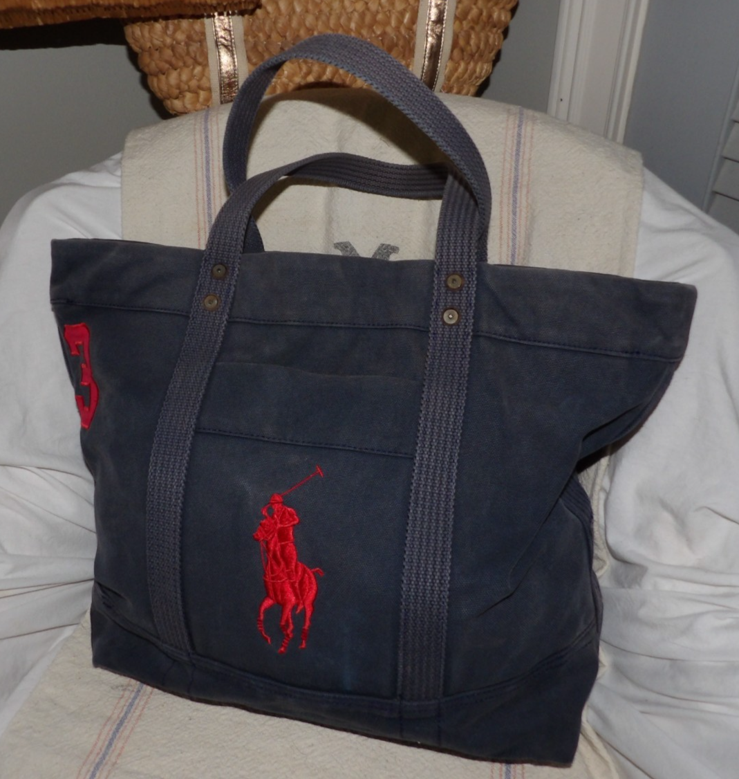 PONY Ralph Lauren POLO VINTAGE logo #3 tote bag blu navy tela zip trasporto RARA HTF L