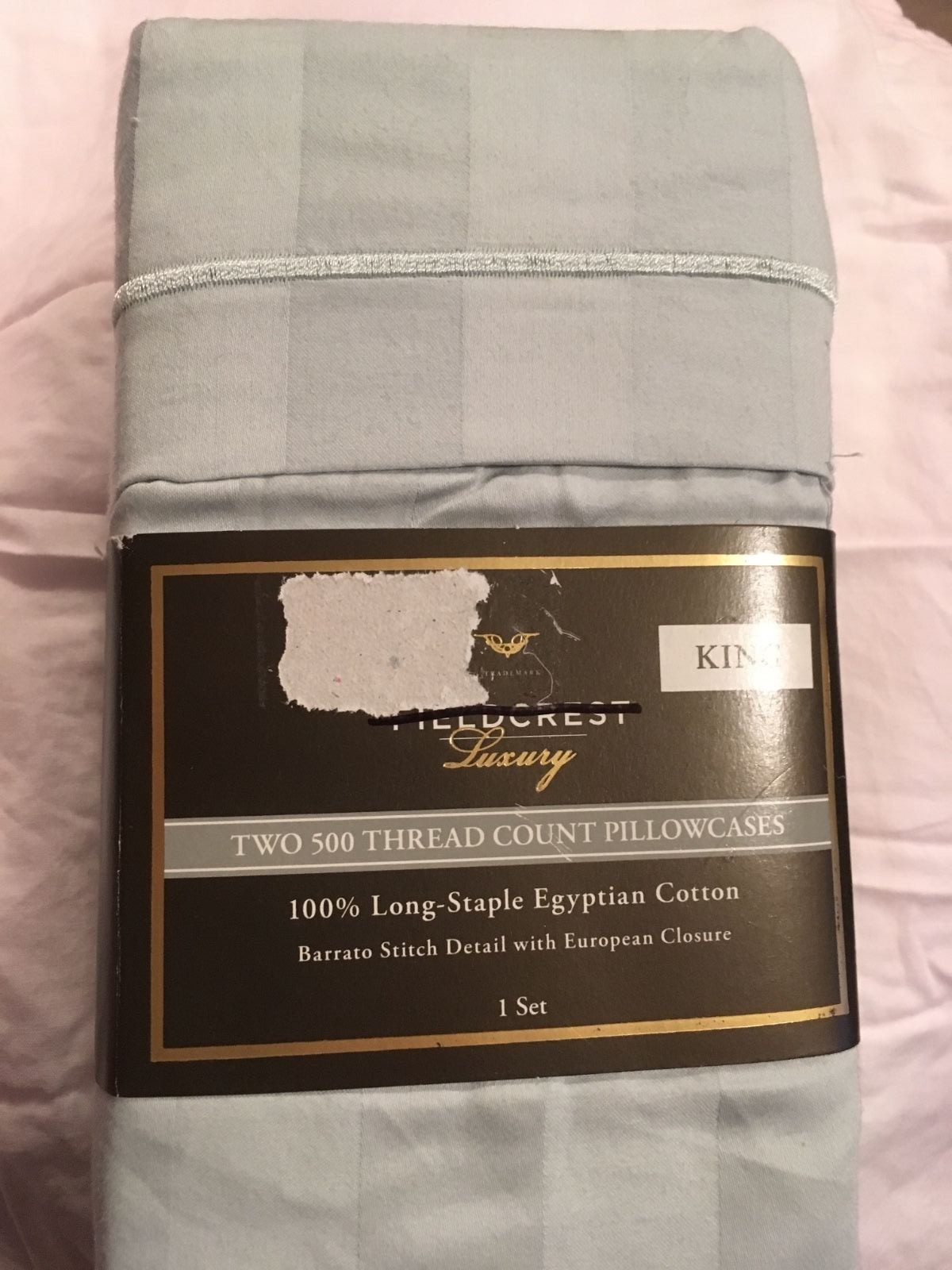 Fieldcrest Luxury King Pillowcases Light Blue Damask Stripe 500 TC new