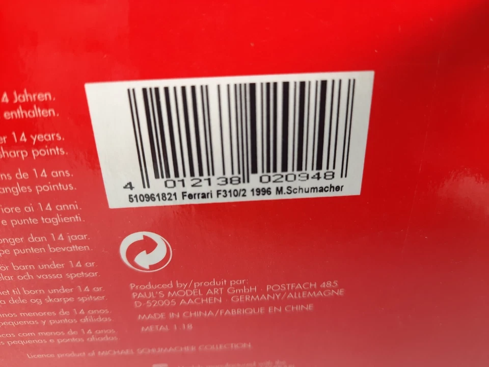 Minichamps Ferrari F310/2 High Nose #1 Michael Schumacher 1996 1/18 510961821 - Immagine 3 di 3