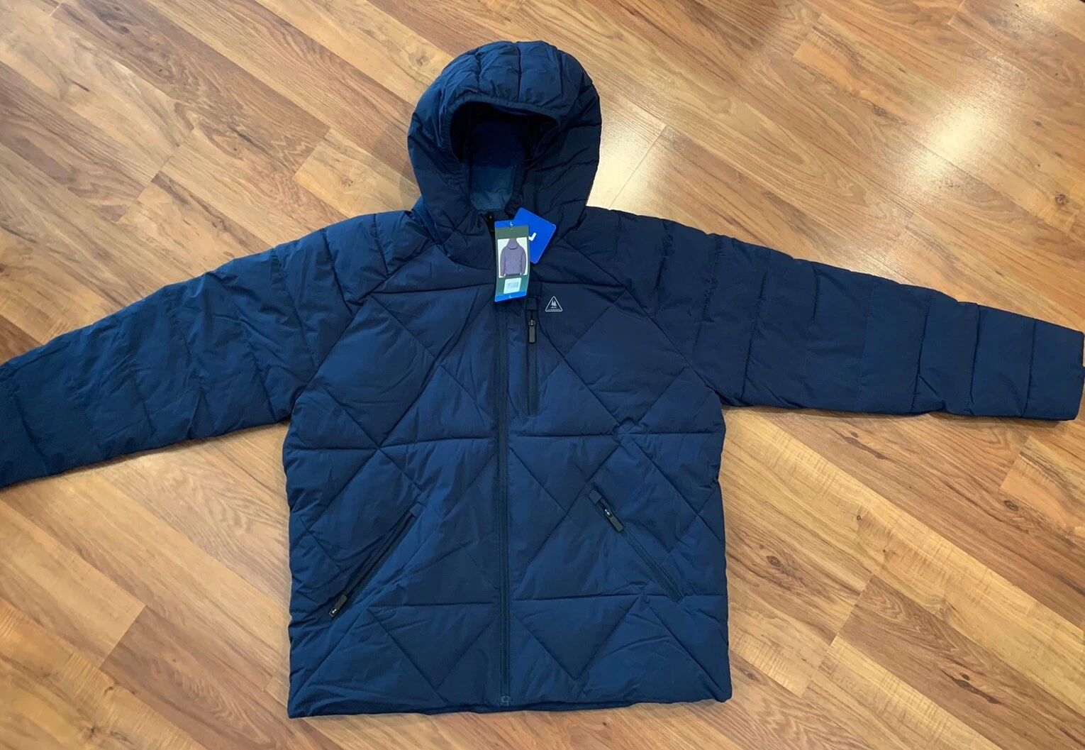 BASS Puffer Jacket Mens Size L Large Blue Hooded Quilted FULL ZIP Pockets Hiking