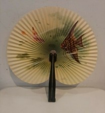 Antico Ventaglio cinese,ORIENTALE, PESCI IN ACQUA, MONTATURA NERO, VINTAGE