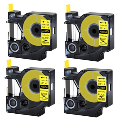 4PK Heat-Shrink Tube 3:1 Ratio Black on Yellow IND Tape 9mm 18054 for DYMO Rhino