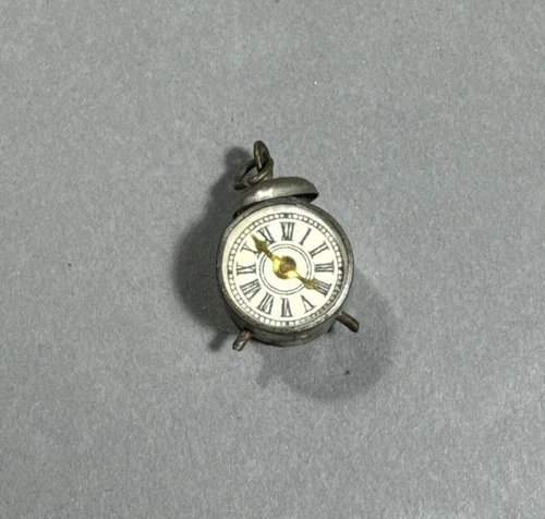 Antique Rare Miniature Metal Clock Charm Fob With Compass