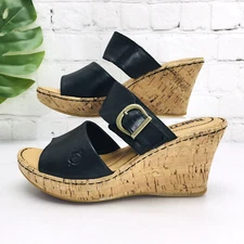 Born Women's Chandler Sandal Size 6 M Buckle Wedge Heel Platform Black Leather