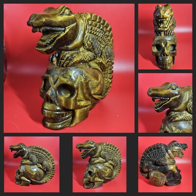 Natural Tiger's Eye Quartz Crystal Hand Carved Skull+Crocodile Reiki Healing 3LB
