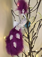 Embellished Peacock With Rhinestone & Marabou Feathers. Deep Purple & Silver.