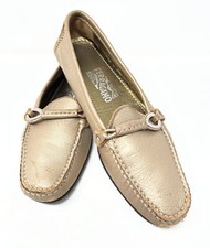 Salvatore Ferragamo Ladies Genuine Leather Metallic Gold Loafers Flats 8.50 2A