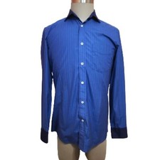 Faconnable Club Fit Vertical Stripe Button Front Mens Dress Shirt Blue Small