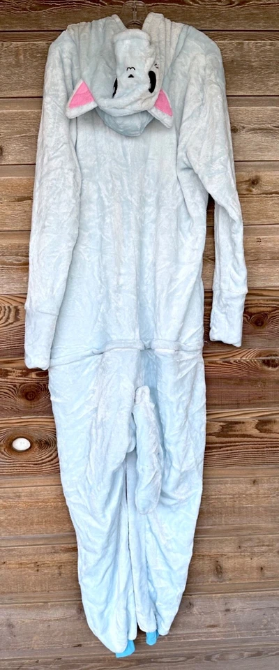 Pijama fantasia gato gatinho adulto peça única azul multicolorido com capuz em excelente estado usado tamanho GG - Imagem 2 de 3