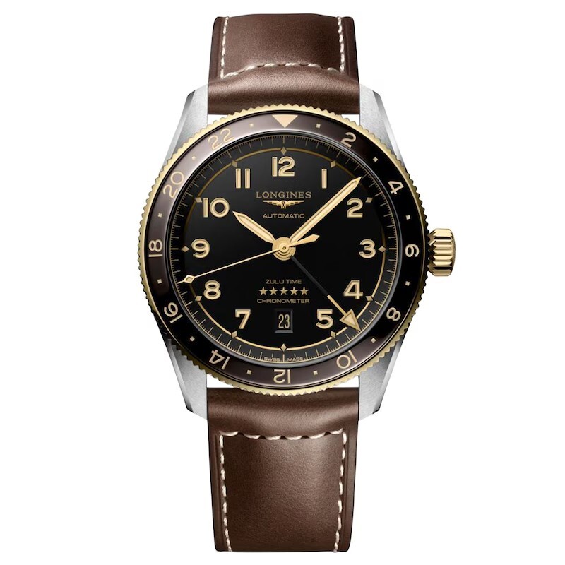 NEW Longines Spirit Zulu Time 42mm GMT 18kt Bezel Leather Men's