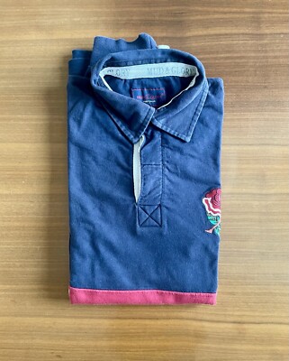 Mud & Glory England Rugby Langarm Poloshirt. Größe XL. 100% Baumwolle. Farbe Blau