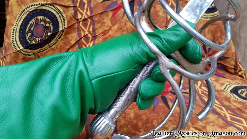 Green Leather Gauntlet Gloves for Renaissance Faires, Cosplay, and Theater - Image 3 of 4