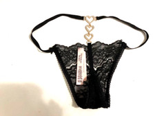 Victoria's Secret Black Lace Rhinestone Heart Charms V-string Thong Panty NWT