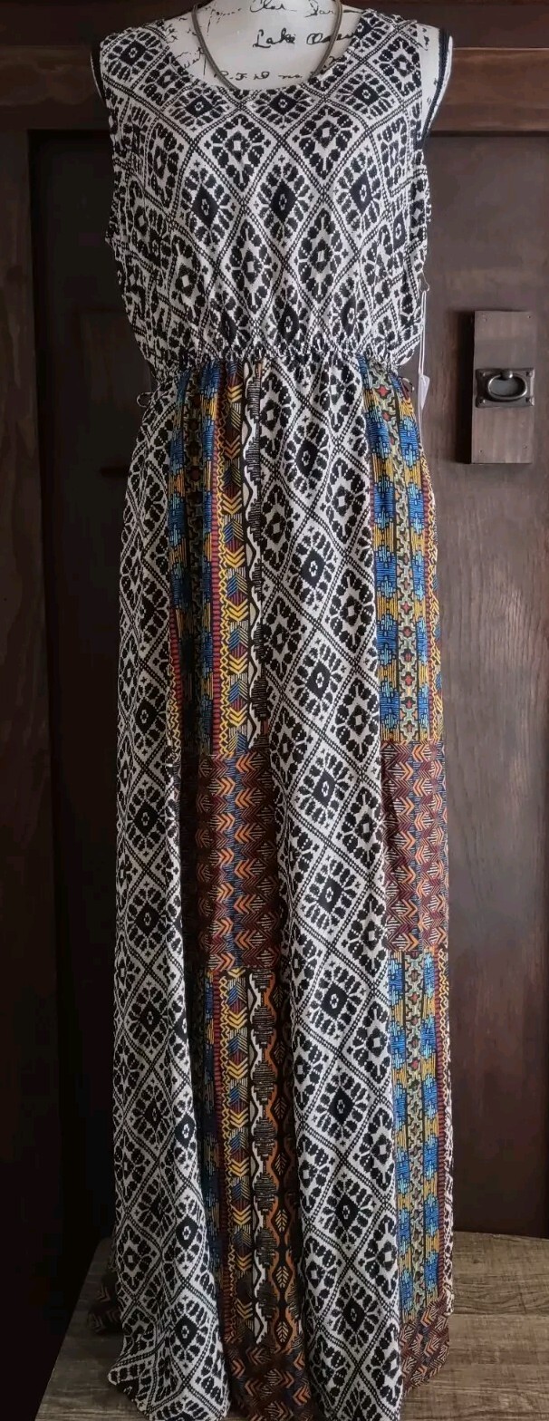Maxi  Dress Womens Medium Boho Black Long Sleeveless Tribal Aztec  Mixed Print-image