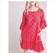 Anthropologie Women 8 Dress Dani Lace Eyelet Ruffle Bell Coral Pink Drop Waist