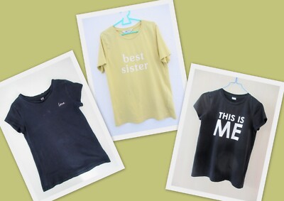 Kleiderpaket Mädchen Gr. 134/140 H&M T-Shirt  schwarz, gelb Aufdruck 3 Teile