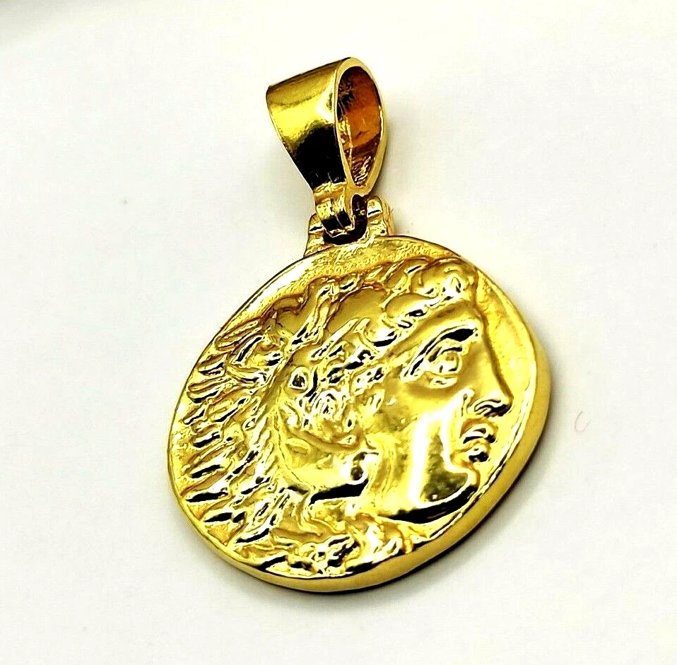 Colgante antiguo griego Alejandro Magno moneda plata de ley 925 chapado en oro Foto 4 de 4