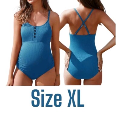 New Summer Mae Maternity Swimsuit One Piece Bathing Suit Button Neck Blue Sz XL