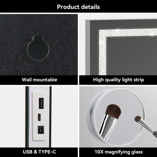 LED Hollywood Mirror 3 Color Lighted Makeup Mirror 58*46cm USB+Type C Charging - Picture 11 of 11