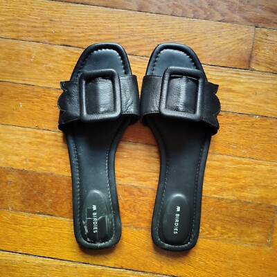 Birdies The Kiwi Slip-On Leather Sandals Black Size 9.5 Women's Slides Flats